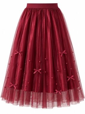 Amber Sky Burgundy/Wine Pleated Tulle Skirt S NWT Pearl Bow Embellished Midi
